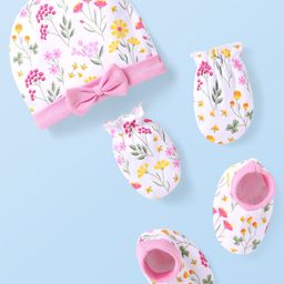 Babyhug 100% Cotton Cap Mittens & Booties With Bow Applique & Floral Design Pink - Diameter 9 cm-image-34