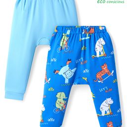 Babyoye 100% Cotton With Eco Jiva Finish Full Length Diaper Leggings with Animal Print Pack of 2 - Blue & Light Blue-image-100