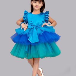 PinkChick Frill Sleeves Bow Applique Detailed & Colour Blocked Layered Dress - Blue-image-91