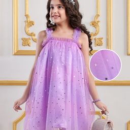 Mark & Mia Net Woven Singlet Sleeves A Line Party Frock with Frill Detailing - Lilac-image-99