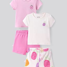 Bonfino 100% Cotton Half Sleeves Shorts Night Suit With Tropical Print Pack Of 2 - Light Pink & White-image-43
