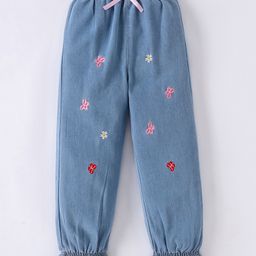 Mark & Mia Cotton Blend Full Length Washed Jeans with Floral & Butterfly Embroidery - Light Blue-image-60