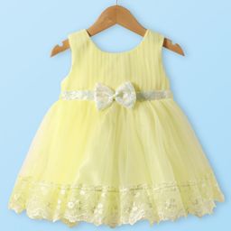 Babyhug Woven Sleeveless Party Dress With Lace & Sequin Detailing & Bow Applique - Yellow-image-23