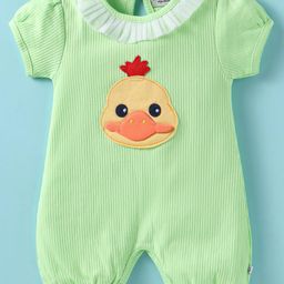 Wonderchild Half Puffed Sleeves Frill Detailed Bunny Patch Embroidered Romper - Green-image-24