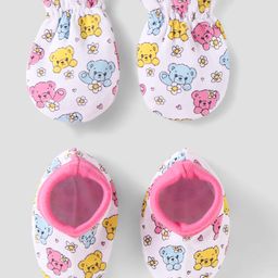 Babyhug 100% Cotton Knit Mittens & Booties with Teddy Print - White & Pink-image-89