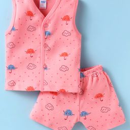 Tango Interlock KnitSleeveless Shorts Night Suit with Umbrella Print - Coral-image-63