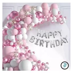 Bubble Trouble Pink Whit Birthday Decoration | Happy Birthday Decoration for Girls | Birthday Decoration Kit | White | P Ink | Silver Confetti with Balloon Pump - Pack of 78-image-17