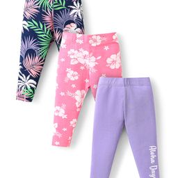 Babyhug Cotton Lycra Knit Full Length Leggings With Floral & Leaves Print Pack Of 3 - Pink Purple & Navy Blue-image-58