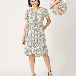 The Mom Store Cotton Half Sleeves Dots Printed Maternity Dress With Zipless Nursing Access - White-picture-25