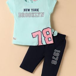 Mini Donuts Single Jersey Knit Half Sleeves Top & Lounge Pant Set with Text Print - Light Blue-picture-0