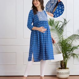 Bella Mama Viscose Woven Three Forth Sleeves Maternity Kurta with Embrodiered Yoke - Blue-picture-37
