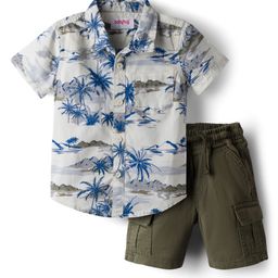 Babyhug Cotton Woven Half Sleeves Shirt & Shorts Set With Tropical Theme Print - White & Green-picture-42