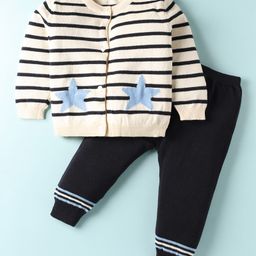Simply Knit Full Sleeves Front Open Sweater Set Set with Star Design & Stripes - Navy Blue & Cream-image-64
