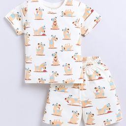 Snuggly Monkey 100% Cotton Knit Half Sleeves Dogs Printed Coordinating Night Suit Set - Cream-image-17