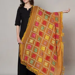 MUFFLY Checked Mirror Work Chiffon Phulkari Dupatta-1