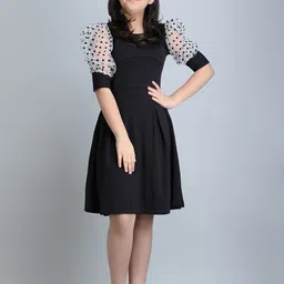 PaheliRani Girls Polka Dots Self Design Puff Sleeve Fit & Flare Dress-image-3