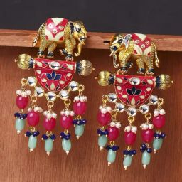 OOMPH Jewellery Red & Pink Meenakari Kundan Elephant Design Large Ethnic Dangler-1