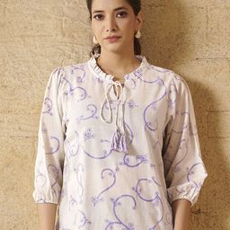 Anouk Women Floral Print Mandarin Collar Puff Sleeve Ruffles Cotton Top-image-79