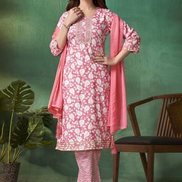 AMRUTVARSHA CREATION Floral Printed Gotta Patti Pure Cotton Kurta With Trousers & Dupatta-image-36