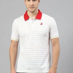 Beverly Hills Polo Club White & Beige Stretch Fit Striped Polo T-Shirt-image-90