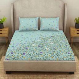 SPACES Oshibana Eggshell Blue Cotton 138 TC Viscose Double Size Bedsheet With Pillow Covers-image-92