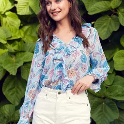 STREET 9 Blue Floral Printed Bell Sleeve Ruffles Top-picture-52