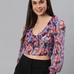 SCORPIUS Women Purple Floral Print Chiffon Wrap Crop Top-picture-4