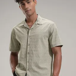 HIGHLANDER Men Comfort Relaxed Fit Textured Cuban Collar Casual Shirt-picture-31