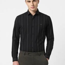 Peter England Perform Black Slim Fit Striped Shirt-image-32