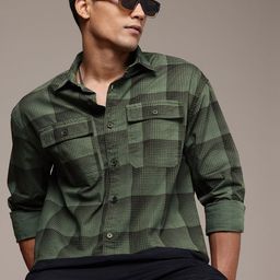 WROGN Pure Cotton Checked Drop-Shoulder Sleeves Oversized Casual Shirt-image-99