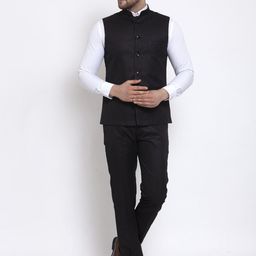 Wintage Men Black Solid Single- Breasted Bandhgala Formal Two-Piece Suit-image-94