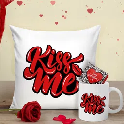 Tied Ribbons White & Red Valentine Cushion with Mug, Rose and Mini Card-54
