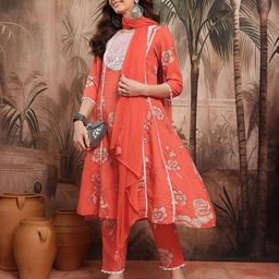 Sangria Floral Print Thread Work Kurta with Trouser & Dupatta image 2