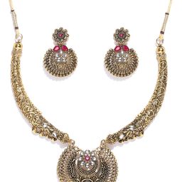 Zaveri Pearls Antique Gold-Toned & Pink Stone-Studded Textured Jewellery Set-picture-6