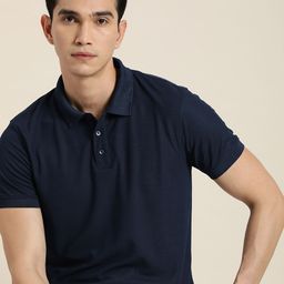 ether Men Navy Blue Solid Polo Collar Indigo Antimicrobial Slim Fit T-shirt-image-87