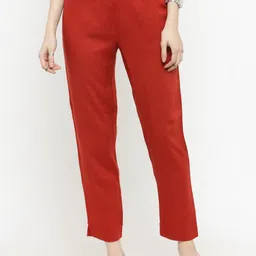 Varanga Women Rust Orange Straight Fit Solid Regular Trousers-image-32