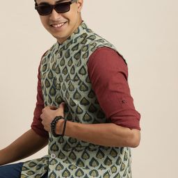 Taavi Men Indigo Ethnic Motifs Printed Pure Cotton Nehru Jacket-19
