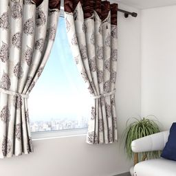 Cortina Cream-Coloured & Brown Set of 2 Fancy Valance Leaf Printed Window Curtains-10