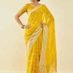 Soch Yellow Organza Floral Embroidered Saree with Tasselled Border-image-53