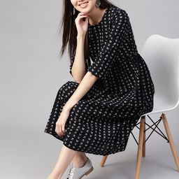 Nayo Black & Off-White Floral Printed A-Line Dress-image-16