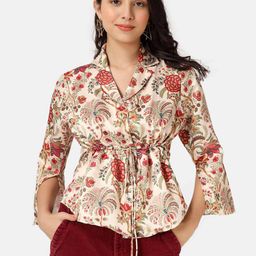 angloindu Cream-Coloured & Red Floral Print Cinched Waist Top-picture-4