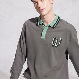 WROGN Brand Logo Embroidered Pure Cotton Oversized Polo Collar T-shirt-image-94