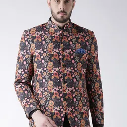 Hangup Men Multicolour Floral Printed Regular Fit Bandhgala Blazer-3