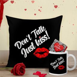 Tied Ribbons Black & White Valentine Cushion with Mug, Rose and Mini Card-58