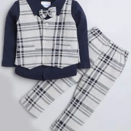 Bumzee Kids Navy & White Chequered Full Sleeves Shirt Set-image-84
