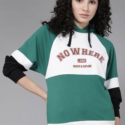Roadster Women White 7 Green Colourblocked Hooded Sweatshirt-image-115