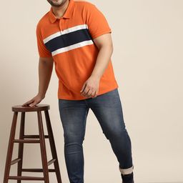 Sztori Men Plus Size Orange & Navy Blue Striped Polo Collar Pure Cotton T-shirt-image-88