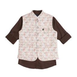 Cavio Kids White & Brown Printed Full Sleeves Nehru Jacket with Shirt-picture-16
