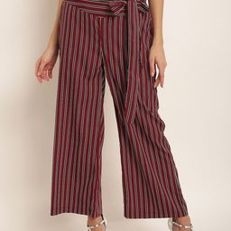 RARE Women Maroon Original Regular Fit Striped Parallel Trousers-image-100