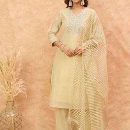 Varanga Floral Yoke Design Zari Details Straight Kurta With Trousers & Dupatta-image-8